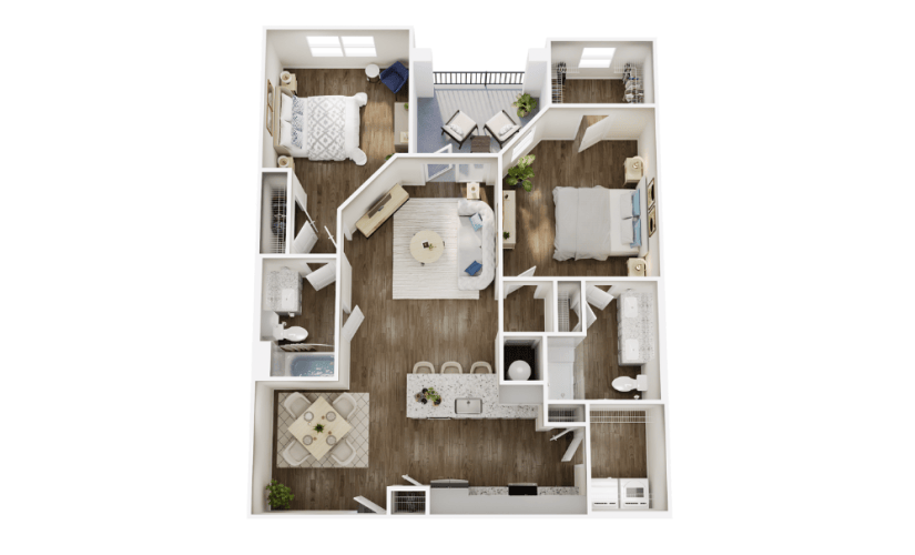 B2F - 2 bedroom floor plan layout with 2 bathrooms and 1204 square feet