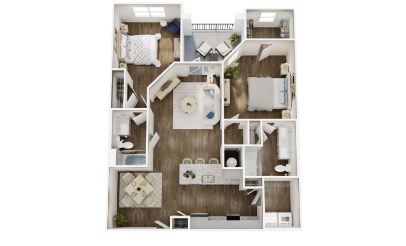 B2H - 2 bedroom floor plan layout with 2 bathrooms and 1213 square feet