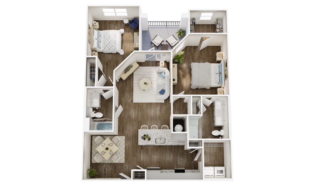 B2H - 2 bedroom floorplan layout with 2 bathrooms and 1213 square feet