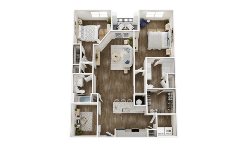 B2I - 2 bedroom floor plan layout with 2 bathrooms and 1293 square feet