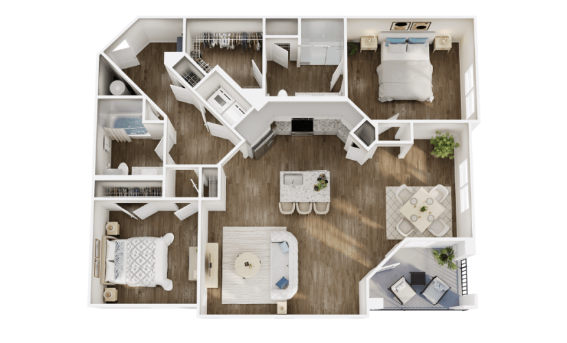 B2J - 2 bedroom floor plan layout with 2 bathrooms and 1347 square feet